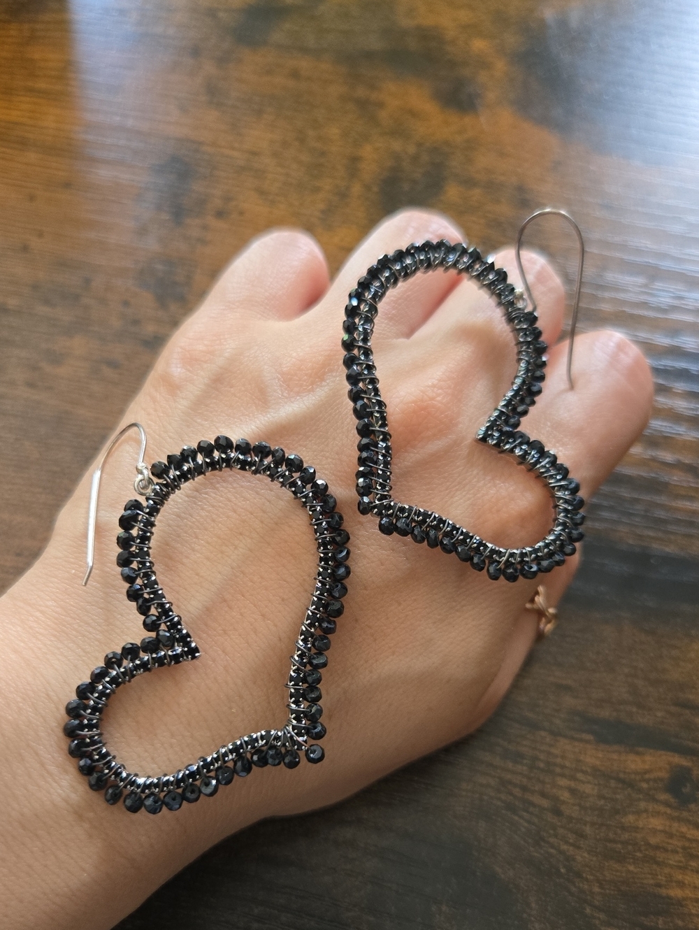 Black Beaded Heart Drop Earrings - Women Jewelry